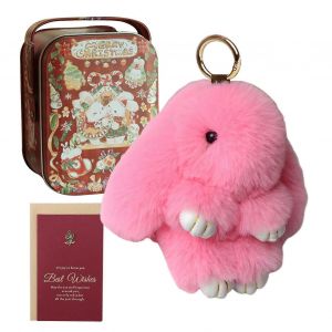 Porte-cles lapin en fourrure, adorable ensemble de pendentifs en peluche avec carte cadeau et mini boite en fer blanc - Neuf