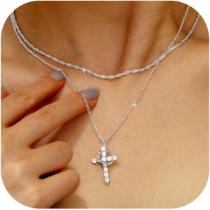 Kal-2 Pcs Collier Croix Femme Argent/Or Chaine Acier Inoxydable Réglable Cz Croix Pendentif Collier Ras Du Cou Chaine Plaqué Or 14k Bijoux Femme - Neuf