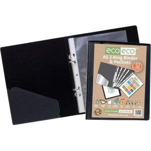 A5 65% Recyclé 2-O Anneaux Couleur Noir Présentation Ring Binder Avec 12 Poches Multi Poinçonnées - Neuf