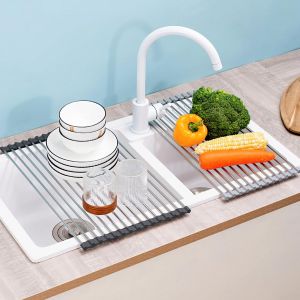 Eryi-Égouttoir À Vaisselle En Acier Inoxydable Au-Dessus De L'évier, Tapis D'égouttement, Pliable, Organisateur De Cuisine Pour Porte-Torchons, Fruits, Légumes (Noir (43 X 35 Cm)) - Neuf