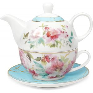 Rose Fleuri Service De Thé Pour Une Personne, Tasse De Thé Et Soucoupe Set Avec Bord Doré, Porcelaine Café Et Tasse Set Pour Cadeau, Bleu - Neuf