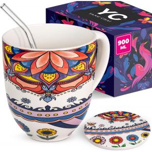 Tasse &Agrave; Caf&eacute; Xxl 900ml-Grande Tasse Jumbo En Porcelaine Fine Avec Dessous De Verre-Coffret Cadeau &Eacute;l&eacute;gant-Mug Th&eacute;,Caf&eacute;,Cappuccino,Cacao,Muesli-Yc Tranquility - Neuf