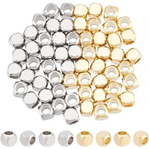 Meimie-60 Pièces 2 Couleurs 4mm Perles D'espacement Carrées 304 Perles En Vrac En Acier Inoxydable Or Et Perles De Couleur En Acier Inoxydable Recherche Pour Fabrication De Bijoux,Trou 2mm - Neuf