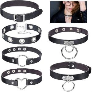 Lot De 6 Colliers Ras-Du-Cou En Cuir - Style Gothique Punk - Collier Ras-Du-Cou En Cuir Synth&eacute;tique - R&eacute;glable - Pour Homme Et Femme - Neuf