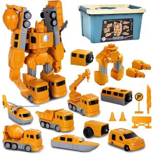 KAJGL-Ensemble De Jouets De Véhicules De Chantier Robot Transformable Magnétique Avec Boîte De Rangement-Puzzle Créatif Éducatif Diy -Jouets Pour Garçons Et Filles De 3 À 9 Ans - Neuf