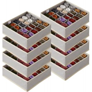 Lot de 8 Organisateurs Tiroirs,Boites Rangement Pliables en Tissu pour Armoire,S&eacute;parateur Tiroir,24 Compartiments pour Rangement des Chaussettes,des Culottes,des Cravates,Gris clair - Neuf