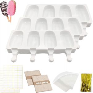 Eryi-3pcs Moules À Glace Silicone,Moules À Glace,Moule Glace,Avec 100 Bâtonnets De Glace,100 Sacs D'emballage,100 Ligaments,Et 100 Autocollants,Pour Les Glaces Glacées Et Les Desserts Faits Maison (C - Neuf