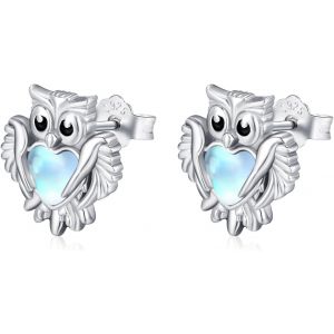 Chenquansarl-Boucles D'oreilles Hibou En Argent Sterling 925 Avec Pierre De Lune Et Hibou - Cadeau D'anniversaire Pour Femme, Argent Sterling, Pierre De Lune - Neuf