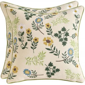 CAUC-Lot de 2 Housse de Coussin Brod&eacute;es 40x40 Taie d'oreiller en Coton Floral Fleurs Bleues Jaunes Deco pour Canap&eacute; Chambre Salon Voiture Fauteuil - Neuf