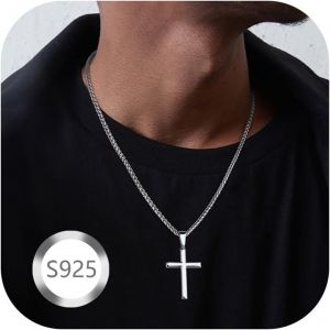 Kal-Croix Cha&icirc;ne Hommes Femmes 925 Argent Sterling Croix Pendentif Collier En Acier Inoxydable Cha&icirc;ne De Bl&eacute; Robuste Hommes Argent Croix Cha&icirc;ne Collier Bijoux - Neuf