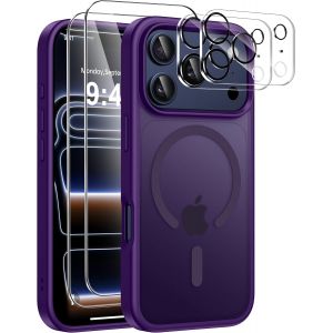 5 In 1 Magn&eacute;tique Coque Pour Iphone 17 Pro Avec 2 Verres Tremp&eacute;s Et 2 Cam&eacute;ra Protecteur, Compatible Magsafe Dos Anti Rayures &Eacute;tui Antichoc Tpu Bumper Housse 6,3"" -Violet Fonc&eacute; - Neuf