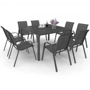 Salon De Jardin Madrid Table Carr&eacute;e 130 Cm Et 8 Chaises Empilables Gris Anthracite - Neuf