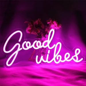Good Vibes Lampe De Nuit Led Néon Pour Décoration Murale Rose 5 V Alimentée Par Usb Avec Interrupteur À Intensité Variable Pour Chambre À Coucher, Hôtel, Décoration Récréative (40.6x19.1 Cm) - Neuf