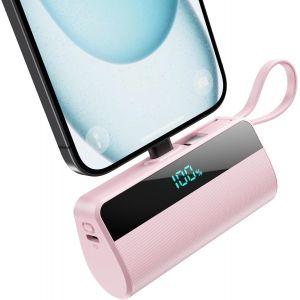Batterie Externe Pour Iphone,5500mah Mini Power Bank Avec Câble Usb C Intégrés,20w Pd Charge Rapide Chargeur Portable Écran Lcd Batterie Portable Compatible Avec Iphone 16/15/14/13/12/11/X/8/7-Rose - Neuf
