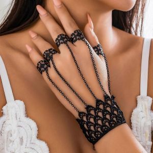 Créatif Vintage Noir Dentelle Doigt Poignet Chaîne Anneaux Bracelets Pour Femmes Métal Connexion Main Harnais Bracelets Halloween Bijoux - Neuf