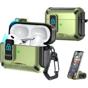 Compatible avec Les AirPods Pro 2ème génération/1ère Étuis pour écouteurs de génération,Conception d'étui de Protection à éjection Automatique entièrement résistante aux Chutes,Noir+Vert Olive - Neuf