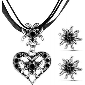 Kal-3 Pcs Set De Bijoux D'edelweiss Fantaisie Bijoux De Dirndl Bavarois Collier D'edelweiss Strass Avec Pendentif C?ur Boucles D'oreilles D'edelweiß Pour Fête De Bière Traditionnelle - Neuf