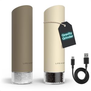 Moulin &agrave; Sel et Poivre &Eacute;lectrique Gravity - Moulins Automatiques Rechargeables USB-C, Mouture R&eacute;glable, Utilisation &agrave; Une Main pour la Cuisine (Brown/Beige) - Neuf