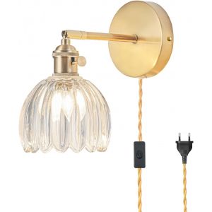 Subzonal-Applique Murale Int&eacute;rieure &Agrave; Prise, Vintage Avec Abat-Jour Verre Transparent Tulipe, 180&deg; R&eacute;glable Applique Murale Avec Interrupteur Et C&acirc;ble, Applique Murale Dor&eacute;e, Ampoules Non Incluses - Neuf