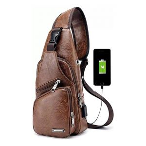 Sac à dos bandoulière homme avec chargeur USB, 29 x 16 x 6 cm, cuir - Neuf