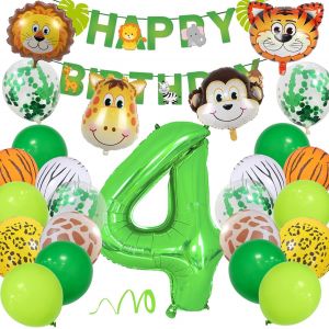 Jungle Decoration Anniversaire 4 an Garcon Fille,Deco Anniversaire de Fête avec Ballons Animaux Safari Banderole Happy Birthday Ballon Anniversaire 4 an de Jungle Anniversaire Bebe - Neuf