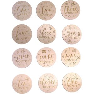 Yemaesre-Lot De 13 Cartes En Bois Pour Bébé - Design Rond Double Face - Accessoires Photo Pour Bébé Et Décoration De Chambre D'enfant - Panneaux Pour Nouveaux Parents Ou Coffret Cadeau De Fête - Neuf