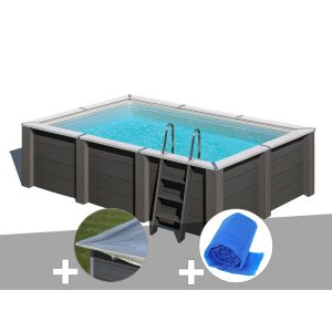 Kit piscine composite Gr&eacute; Avant-Garde carr&eacute;e 4,55 x 3,15 x 1,26 m + B&acirc;che hiver + B&acirc;che &agrave; bulles - Neuf