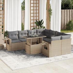 Salon De Jardin Avec Coussins 9 Pcs Beige Résine Tressée - Neuf