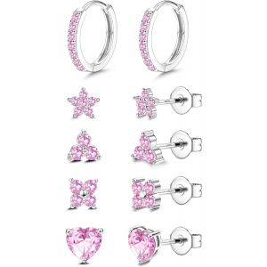 Kal-5 Paires Boucles D'oreilles Femme Argent 925 Poteau Hypoallergéniques Boucles D'oreilles Femme Or Clou D'oreilles Creoles Fleur Coeur Cartilage Boucle D'oreille Femme Ensemble - Neuf