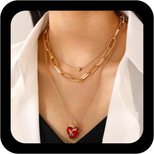 Kal-Collier Boho Rouge Avec Pendentif En Cristal Forme Coeur Collier Superpos&eacute; Avec Fleur En Or Rose Collier Ras Du Cou Avec Cha&icirc;ne En Forme Trombone Colliers Superpos&eacute;s Avec Bijoux Pour Femmes - Neuf