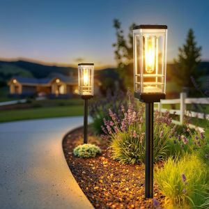 Lampe Solaire Exterieur Jardin 2 Pi&egrave;ces, 2x Grand, Brillant Lumiere Solaire Exterieur Avec Led Blanc Chaud, 12 Heures D'autonomie Lampes Solaires Pour Pelouse, Terrasse, Cour, Cadeaux (2 Pack) - Neuf
