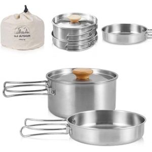 Eryi-Ensemble D'ustensiles De Cuisine De Camping En Acier Inoxydable Avec Couvercle Et Poignée Pliable - Ensemble De Vaisselle D'extérieur Portable Pour Camping, Randonnée, Pêche, Pique-Nique - Neuf