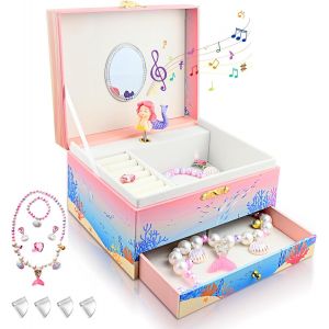 Jexnovashop-Sir&egrave;ne Bo&icirc;te &Agrave; Bijoux Fille, Boite Musique Enfant Avec Miroir, Bo&icirc;te &Agrave; Musique Avec 4 Parure De Bijoux Et Protege Angle, Sirene Cadeau D'anniversaire Pour 3-10 Ans - Neuf