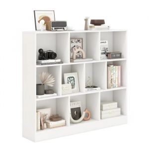 &Eacute;tag&egrave;re Biblioth&egrave;que 3 Niveaux COSTWAY-120 x 24 x 104 CM-10 Cases Ouverts Rangement-Kit Anti-Basculement-Capacit&eacute; Max 170 KG-Blanc - Neuf