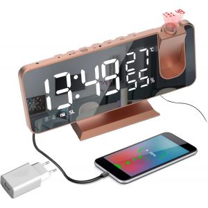 Radio Reveil Projection Plafond, 180&deg; Projecteur R&eacute;veil Radio, avec Adaptateur, Horloge Num&eacute;rique avec 7"" LED &Eacute;cran Miroir Chargement USB Fonction Snooze Double Alarme Horloge Digitale 12/24H,Or Rose - Neuf