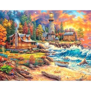 Ayuhr-50 X 40 Cm - Pierres Carrées - Peinture Diamant - Phare Sur La Mer - Maison Sur La Mer - Paysage - Coucher De Soleil - Mosaïque - Peinture Diamant - Art - Broderie Au Point De Croix - Images - Neuf