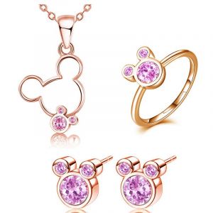 Ensemble Meilleur Bijoux Femme Argent 925 4ps Rose Plaqué Or Rose Zircon Mickey Collier Boucles D'oreilles Bague Ouverte - Neuf