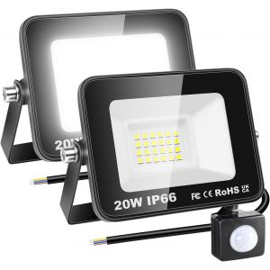 Dgbcz-2x 20w 2000 Lm Projecteur D'extérieur Led Avec Detecteur De Mouvement, 6000k Blanche Froide, Ip66 Étanche Éclairage De Extérieur, Projecteur Led De Patio Garage Terrasse Jardin - Neuf