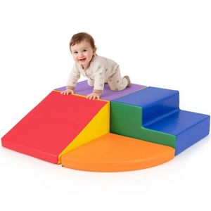 4 PCS Bloc de Construction pour Enfant COSTWAY-Mousse EPE-Housse en PU Imperm&eacute;able Amovible-Grimper Ramper-Rouge et Orange - Neuf