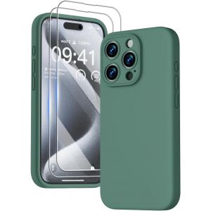 3 En 1 Coque Iphone 15 Pro Silicone Liquide - Avec 2 Verre Trempé - Étui Protection Précise De Caméra [Résistant Aux Rayures] [Antidérapant] Iphone 15 Pro Case 6.1"", Vert - Neuf