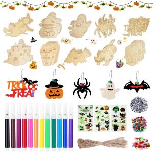 Trahoo-265pcs Halloween Decoration Bois, Artisanat En Bois Diy De Halloween, Halloween Ornements En Bois, Pendentif En Bois &Agrave; Peindre, D&eacute;corations Suspendues En Bois Pour Halloween - Neuf
