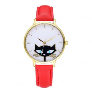 Gaiety Pu Strap Montre Mignon Chat Motif Rond Bo&icirc;tier Analogique Quartz Montre-Bracelet Rouge - Neuf