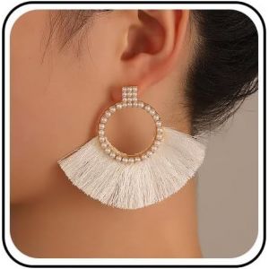 Kal-Boucles D'oreilles Créoles En Perles En Forme D'éventail Boucles D'oreilles Pendantes Forme D'éventail Grand Cercle Creux Boucles D'oreilles Vintage À Pampilles Bijoux Pour Femmes Et Filles - Neuf