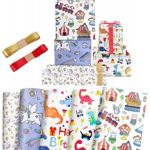 5 Pi&egrave;ces Papier D'emballage Cadeau,70x50cm Papier D'emballage Dinosaure Avec Ruban,Motif Animaux,Feuille De Papier D'emballage Pour F&ecirc;te Mariage Diy - Neuf