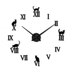 Horloge murale de chat bricolage Design moderne Grand miroir acrylique Décoration d'intérieur Art de la personnalité (noir) - Neuf