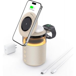 Enceinte Bluetooth 3 En 1 Avec Lumi&egrave;re De Nuit Et Chargeur Sans Fil, Compatible Avec Iphone 17/16/15/14/13/12 Pro Max, Apple Watch Et Earbuds &Agrave; Charge Sans Fil, Adaptateur De 33W Jaune - Neuf