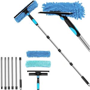 2-in-1 Window Squeegee Cleaner Kit,250 cm Extendable Window Wiper with Silicone Squeegee and Microfibre Brush,Window Cleaning Tools for High Windows - Neuf