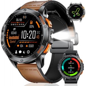 Ulteronixshop-GPS Montre Connect&eacute;e Hommes, Appels Bluetooth, Lampe Torche LED, 1,43"" AMOLED Smartwatch avec 100+ Modes Sportifs, Boussole/Barom&egrave;tre/Altim&egrave;tre, pour iOS et Android, Cuir Marron - Neuf