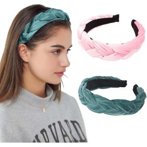 Kal-2 Serre Tete Femme, Bandeaux Rembourrés En Velours Pour Femme, Serre Tête En Velours Tressé, Large Bandeau Tressé, Bandeau Vintage, Accessoire De Cheveux Pour Femmes Et Filles (Vert, Rose) - Neuf