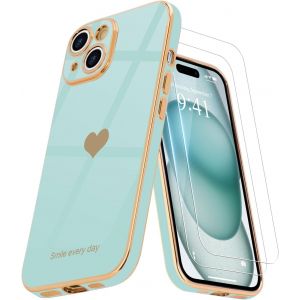 Brs-Coque Pour Iphone 15 En Silicone Galvanisé Or Ultra Mince Avec Motif Coeur D'amour Mignon Housse Étui De Protection Complète Du Corps Antichoc Pour Iphone 15, Perle Aqua - Neuf